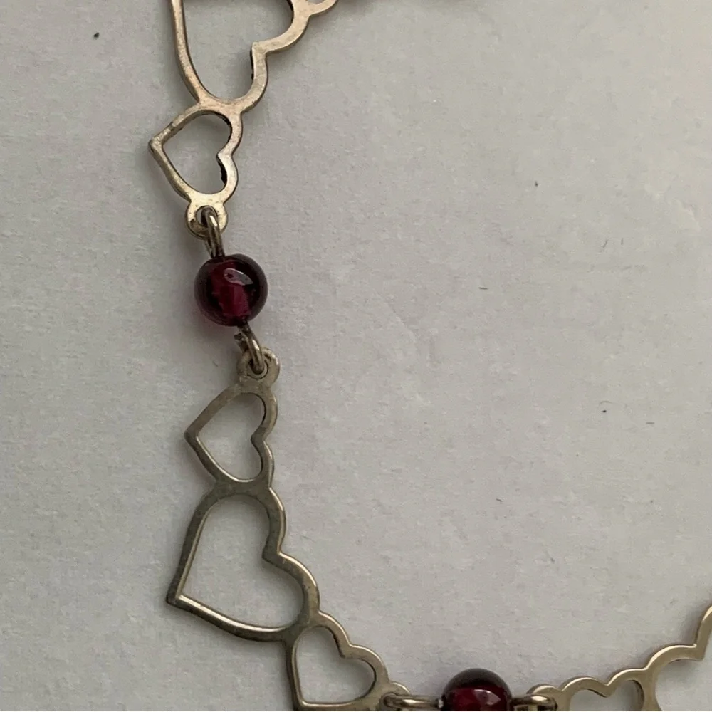 Necklace 925 Sterling Silver Garnet Pearl Multi 3 Heart Spaced Necklace 16”L VTG